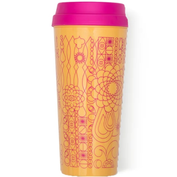 Amika Limited Edition Pink Yellow Printed Lightweight Travel Mug w Lid - Picture 2 of 2